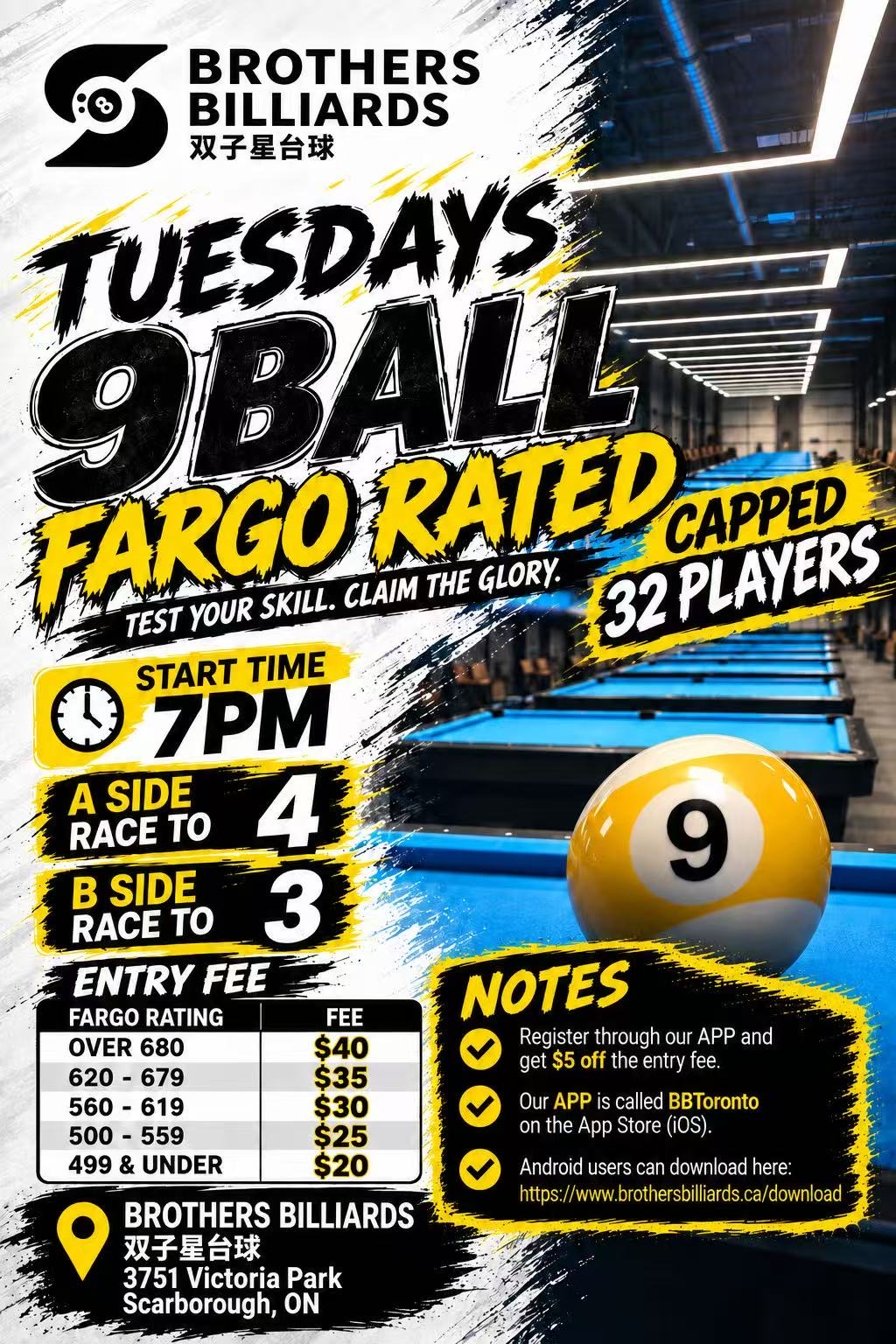 Poster for Brothers Billiards Tuesday 9Ball Sept 29