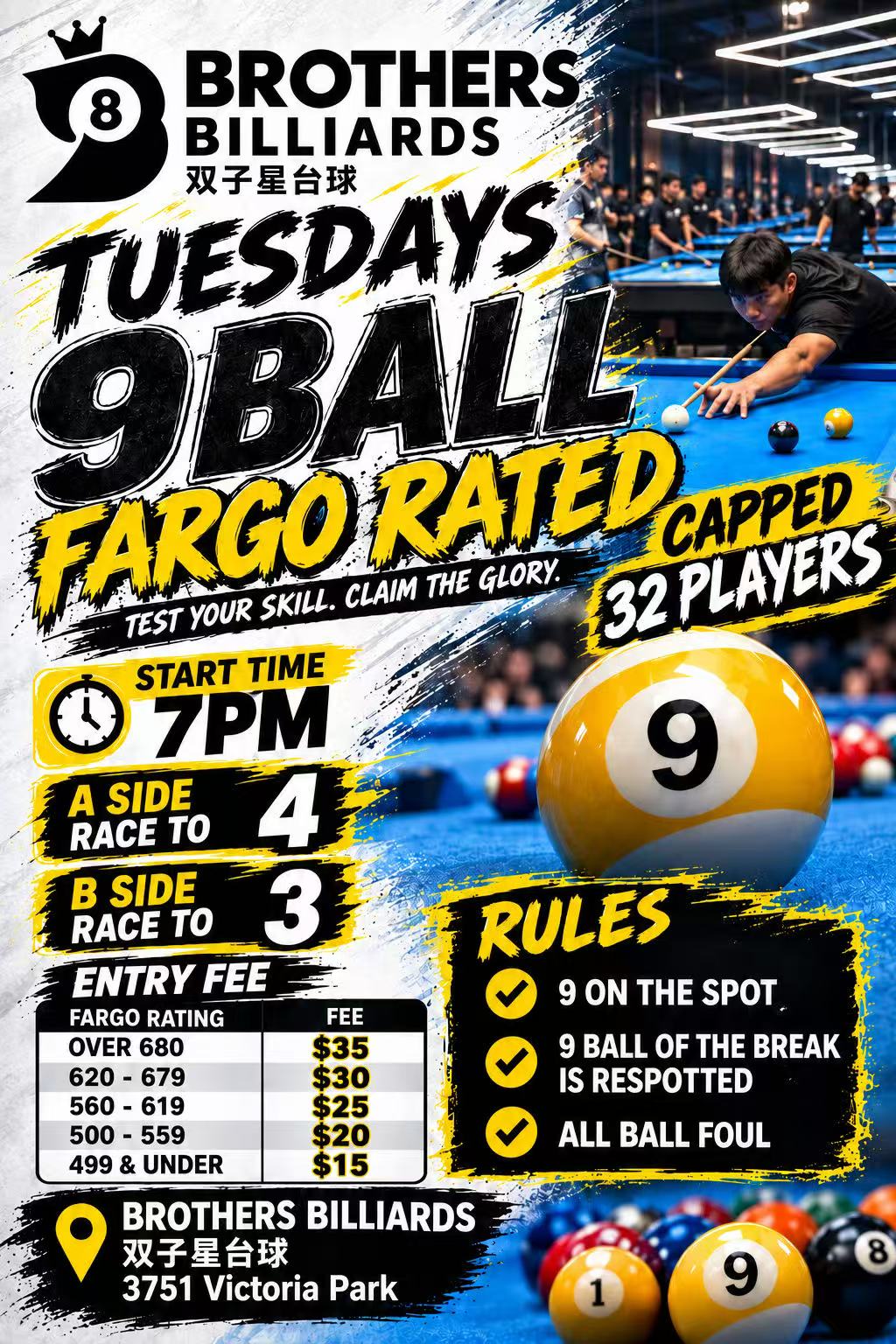 Poster for Brothers Billiards Tuesday 9Ball Sept 22