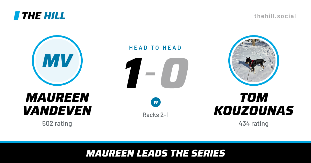 The share card: Maureen Vandeven vs Tom Kouzounas, 1–0 head to head on The Hill