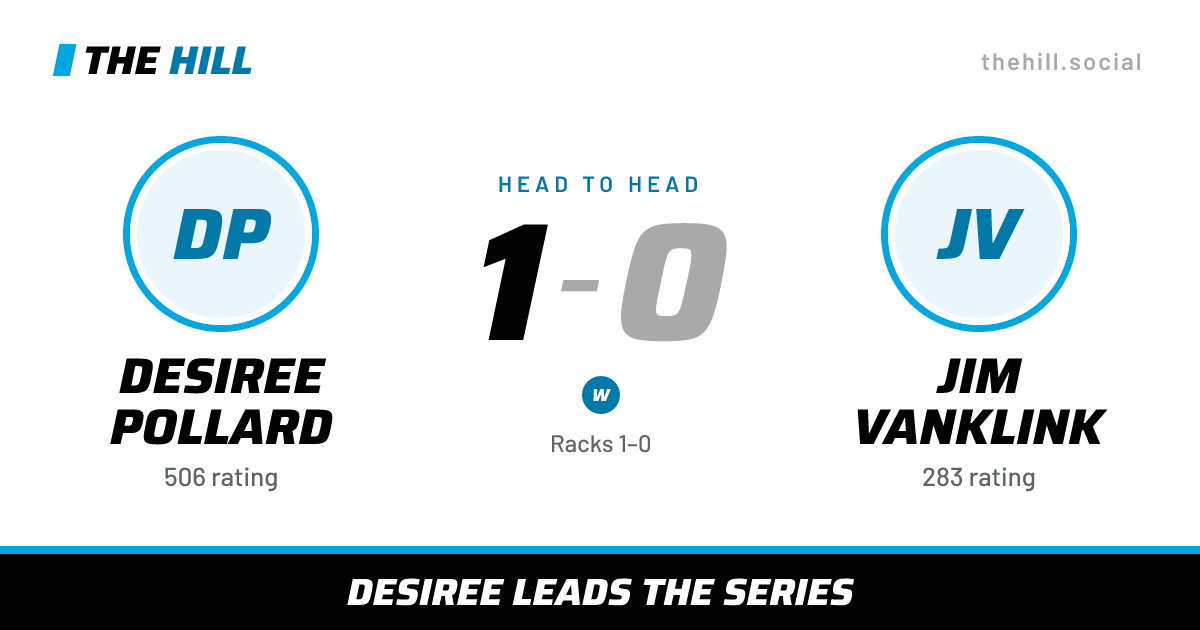 The share card: Desiree Pollard vs Jim Vanklink, 1–0 head to head on The Hill