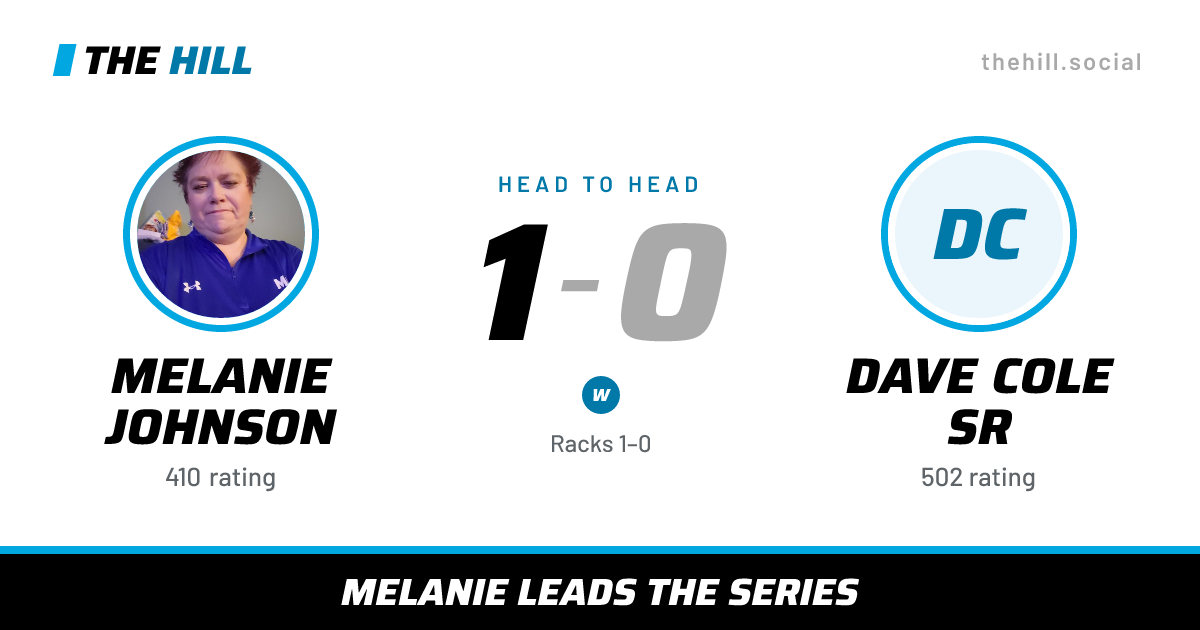 The share card: Melanie Johnson vs Dave Cole Sr, 1–0 head to head on The Hill