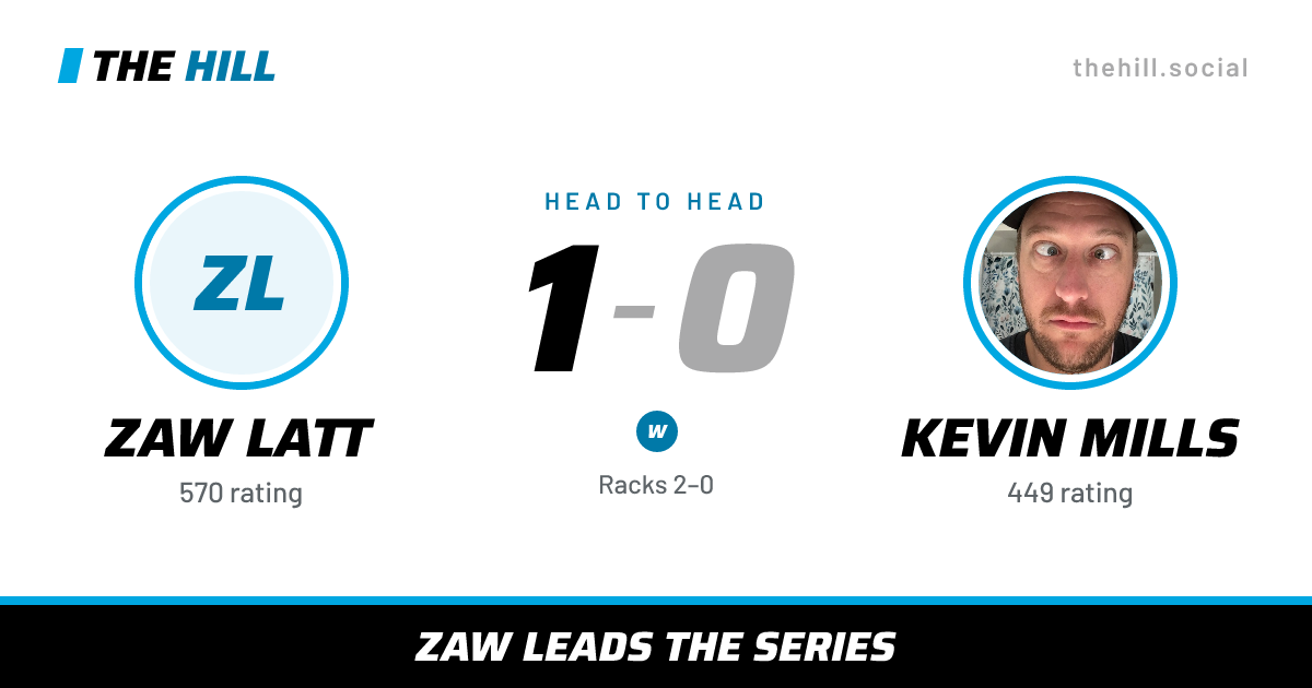 The share card: Zaw Latt vs Kevin Mills, 1–0 head to head on The Hill