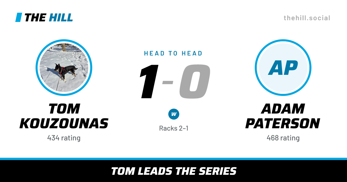 The share card: Tom Kouzounas vs Adam Paterson, 1–0 head to head on The Hill